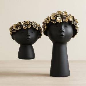 Black Girl Flower Head Sculpture, Modern Matte Decor Bust with Golden Floral Crown | Minimalist Tabletop Statue for Home, Office, Shelf
