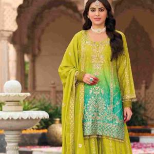 Sangeet Wear Shaded Pink Silk Digital Print Jaipuri Palazzo Kurti Suit