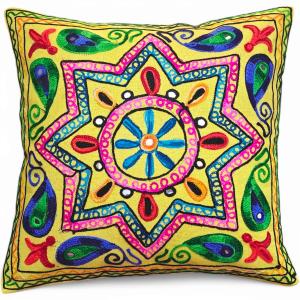 Handmade Indian Embroidered Cushion Cover – Colorful Star Suzani Work Cotton | Boho Decor Pillowcase 16x16 inch