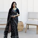 Ajrakh Style Printed Soft Cotton Feel Saree + Blouse with Zari Woven Border, Ajrakh Print,Full length 6.30 meters, Perfect for special Event