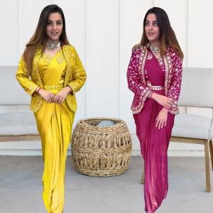 Ready To Wear Jacket Saree | 8 color | Heavy Diamond Satin Silk With Multi Thread Embroidery | Coding Sequence With Patch Work | Butta Blouse stitched and Belt