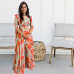 Partyware Lahenga Saree Faux Georgette Digital Print with Ruffle Dupatta & Embroidery Belt | Stitched Blouse | Free Size Upto XXL(44 Margin)