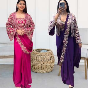 Chinnon Silk Ready-to-Wear Saree | 3 color | Embroidery & Sequin Work | Banglory Silk Blouse and Jacket | Fancy Lace Border | Size Up to XXL