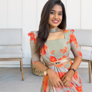 Partyware Lahenga Saree Faux Georgette Digital Print with Ruffle Dupatta & Embroidery Belt | Stitched Blouse | Free Size Upto XXL(44 Margin)